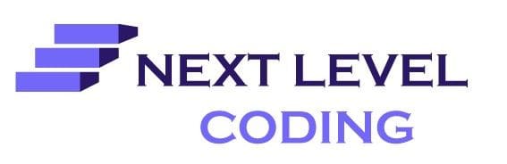 A purple and white logo for next level coding.